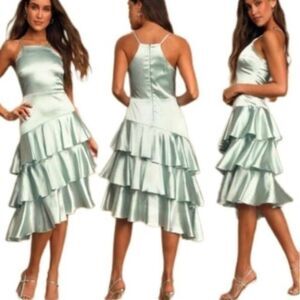 Lulus Mint Blue Satin Tiered Asymmetrical Midi Dress